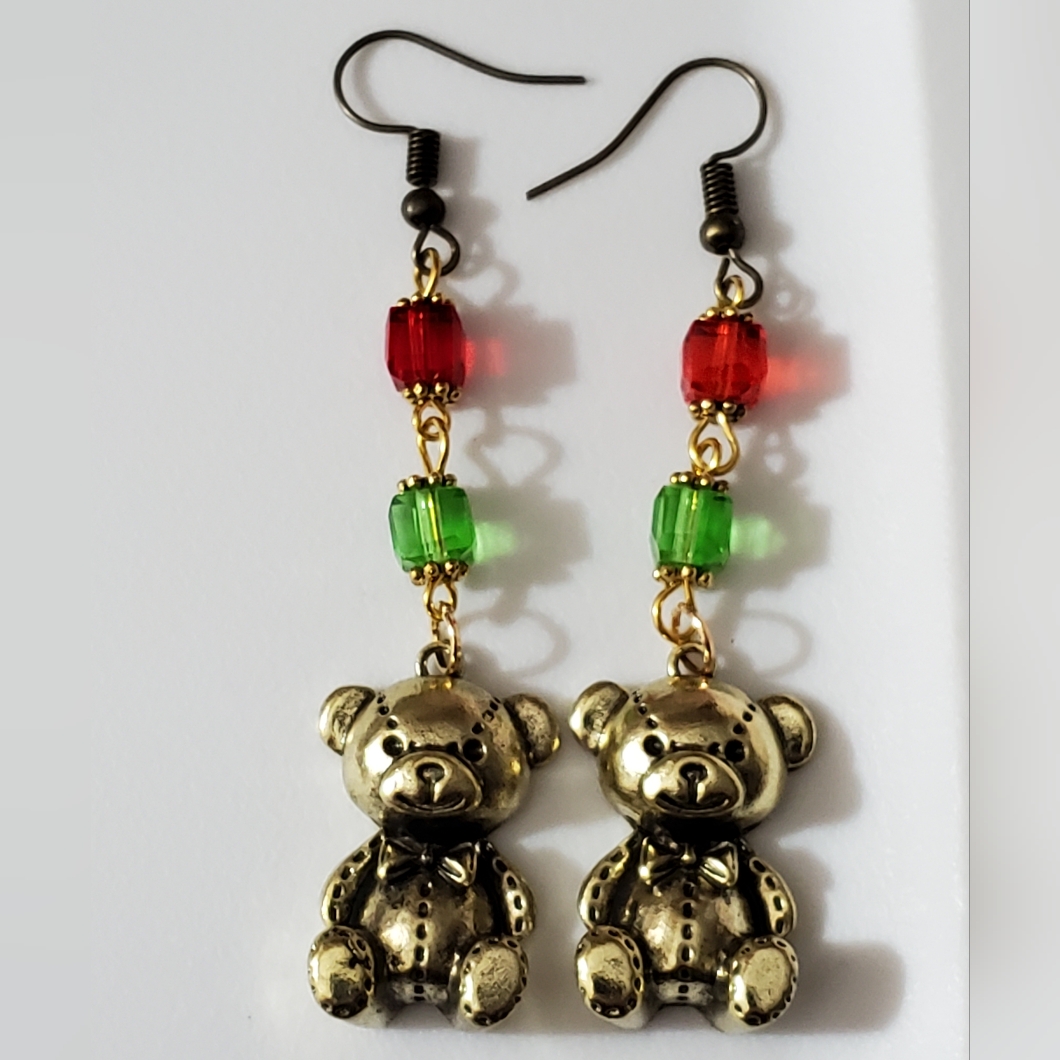 Vintage Style Teddy Bear Earrings Christmas Crystals Handmade 3d Gold Gift